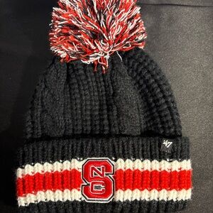 47 Kids Black Knit Pom Beanie with Red & White Stripe and 'S' Patch